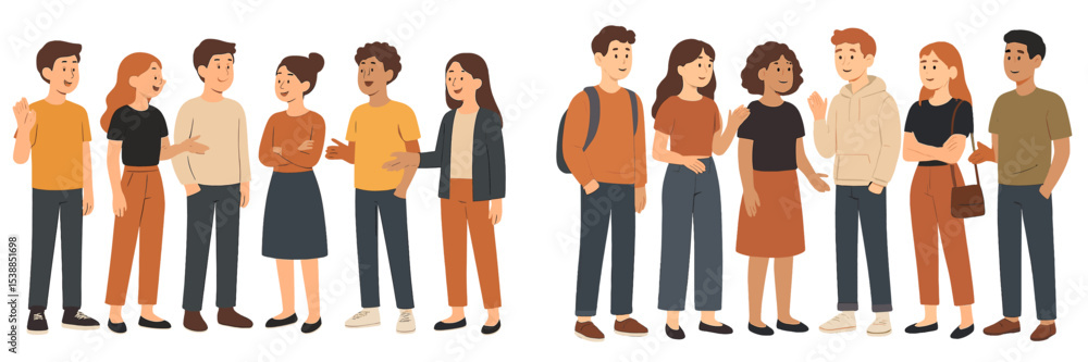 Poster groups of young adults engaging in conversation and socializing in a casual setting during daytime i