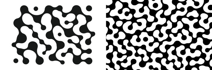 Abstract pattern design with black and white shapes in a dynamic arrangement showcasing fluidity and movement in art