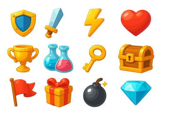 Colorful collection of game icons featuring shields, swords, potions, and treasures in a playful design for gaming enthusiasts