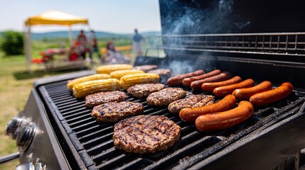 Grill full of burgers sausages and corn at sunny outdoor picnic with tent and people in background summer