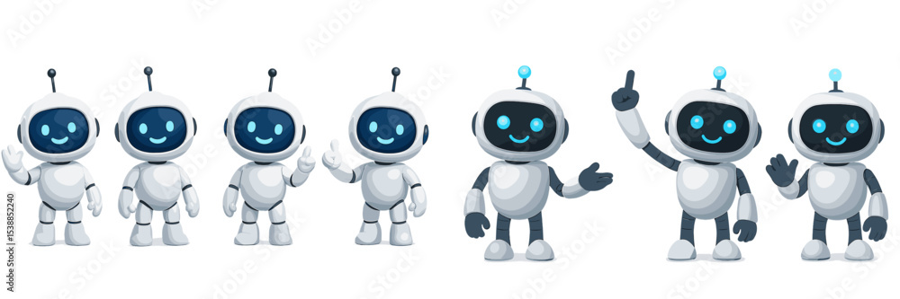 Aufkleber Various friendly robots in a colorful design showcasing diverse expressions and poses during a creative project