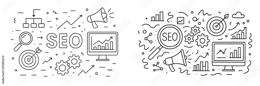 Poster visual elements illustrating seo concepts with charts, graphs, and tools for digital marketing strat