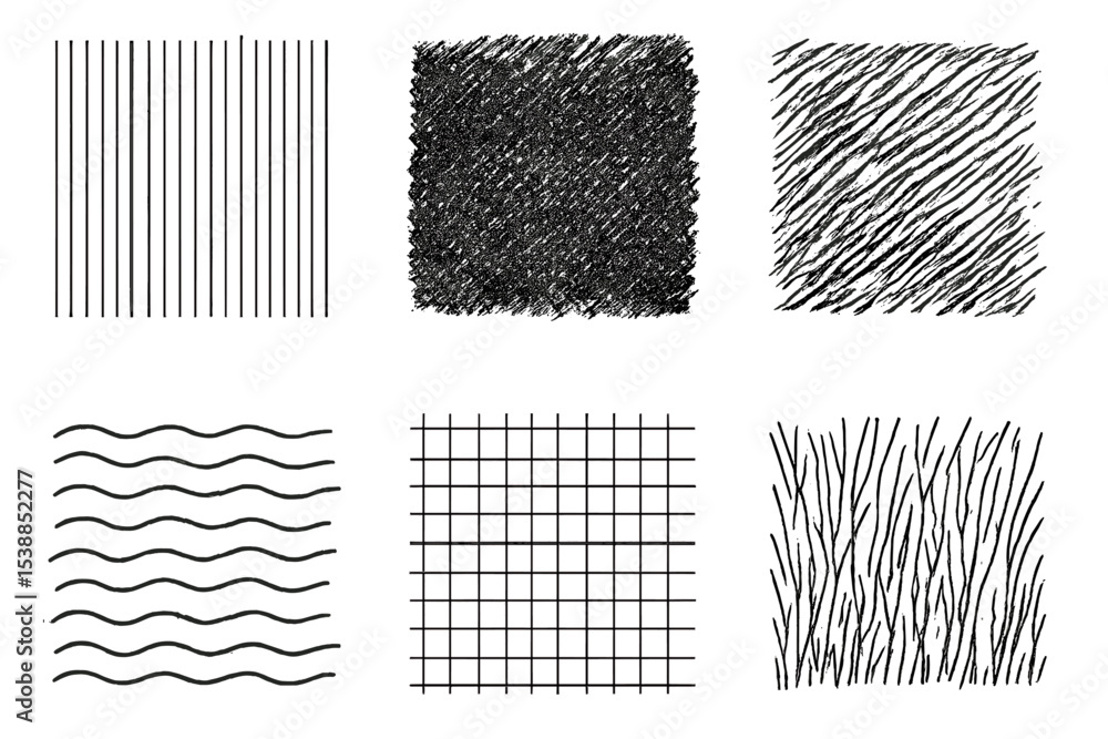 Aufkleber Different types of hand-drawn textures showcasing lines, grids, and patterns in a monochrome style