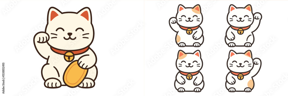 Poster cute cartoon cat character showing various poses with a welcoming gesture and cheerful expression, s