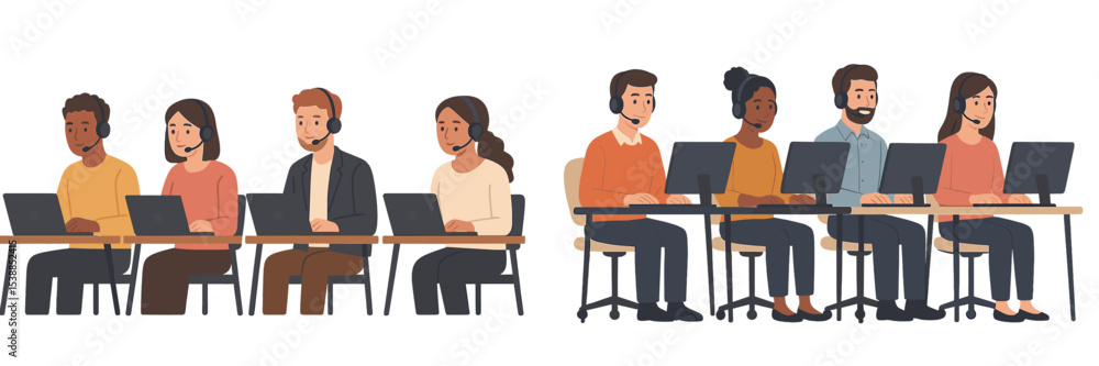 Poster multiple people working in a modern office environment with headsets and laptops during a busy workd