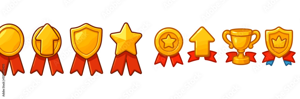 Poster collection of various achievement badges and awards displayed on a white background with red ribbons