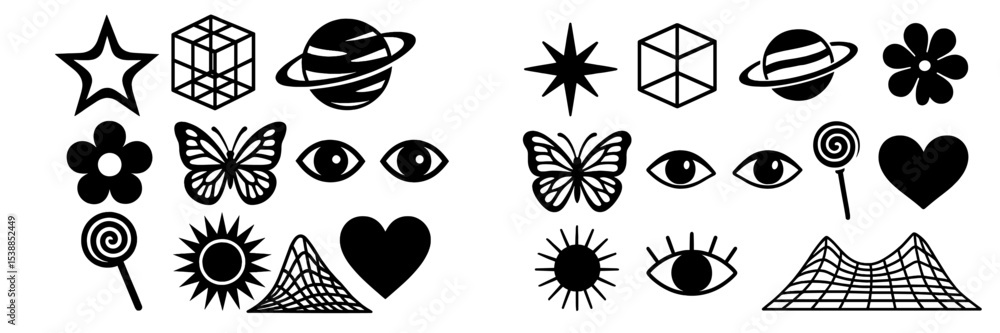 Poster creative black and white illustrations featuring geometric shapes and playful symbols suitable for v