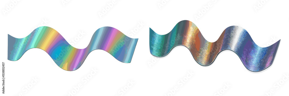 Poster shimmering metallic ribbons in iridescent colors create a stylish and dynamic display on a white bac