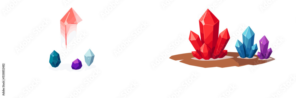 Poster colorful crystals of different shapes and sizes clustered together on a smooth surface showcasing th