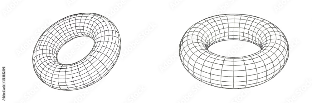 Aufkleber Three-dimensional wireframe representation of a toroidal shape viewed from different angles in a geometric design context