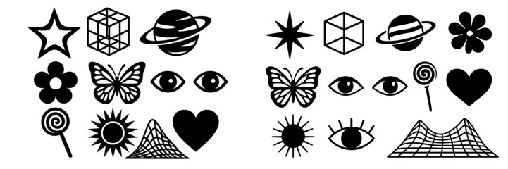 Creative black and white illustrations featuring geometric shapes and playful symbols suitable for various artistic projects