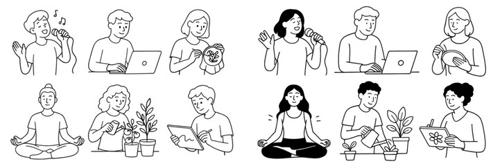 Engaging in diverse activities of singing, gardening, and relaxation in a creative workspace during a sunny afternoon