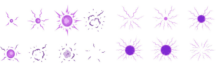 Colorful abstract designs featuring purple energy bursts and radiant stars in various shapes and sizes on a white background
