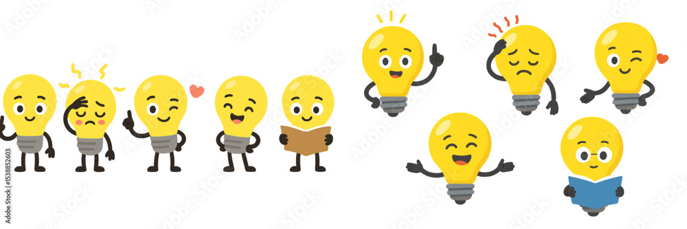 Poster group of cheerful cartoon light bulbs expressing various emotions and ideas in a playful setting