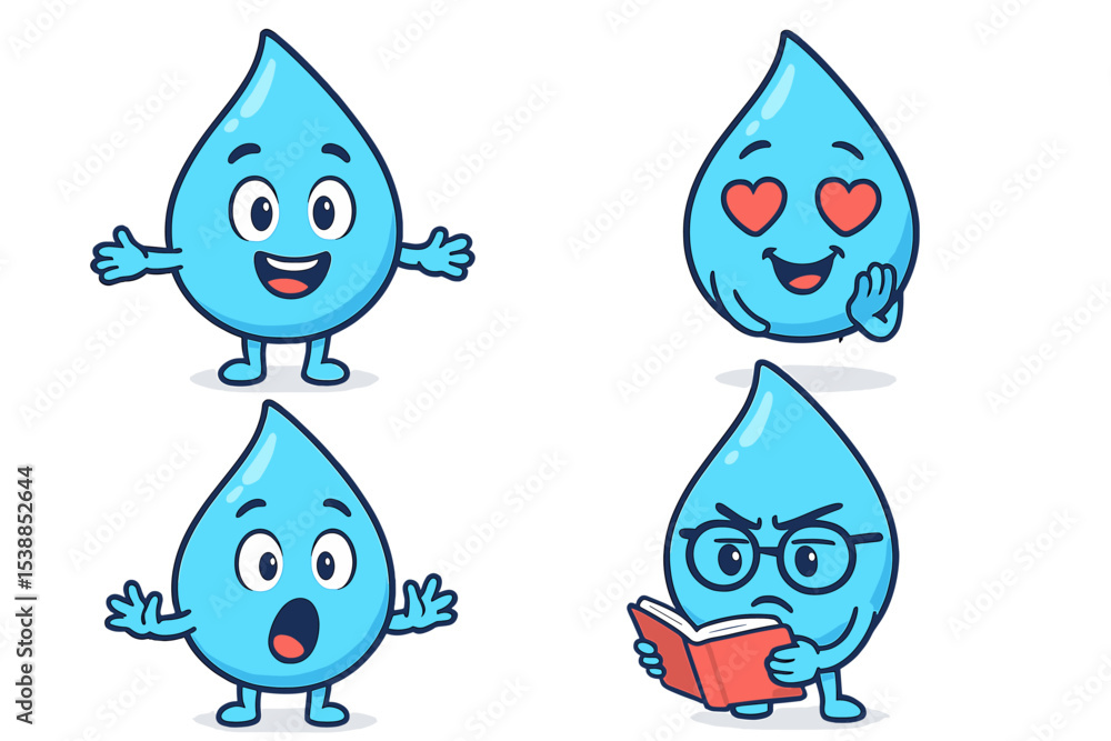Poster fun and expressive cartoon water droplets showing various emotions and activities in a playful desig