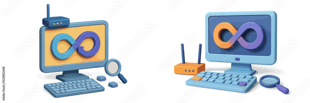Poster Digital illustration of an infinite loop symbol on computer screens with network devices in a modern workspace setup
