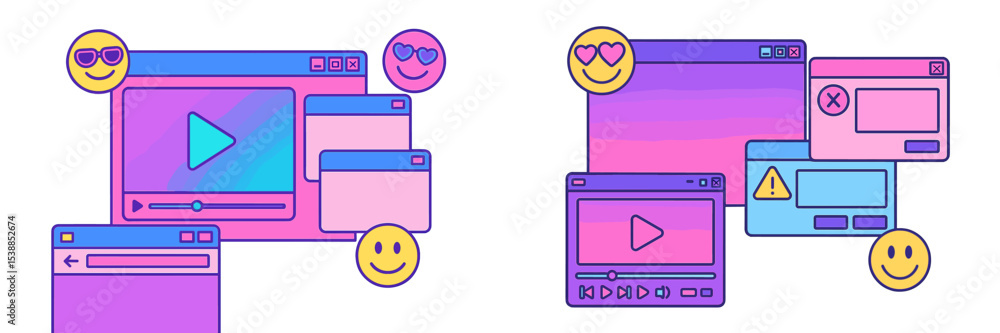 Poster Colorful digital interface illustrating playful media interactions with various emotions expressed through icons
