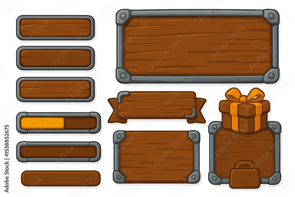 Aufkleber wooden sign and banner set with metallic frames suitable for various design projects and games