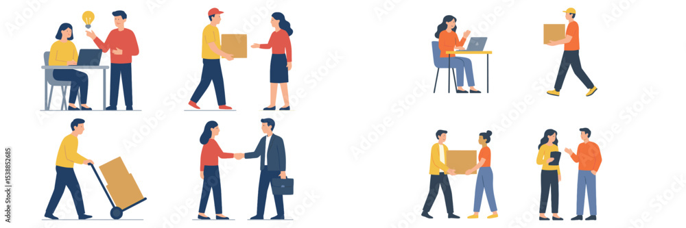 Poster Teamwork and collaboration in a modern office setting with delivery and meetings occurring throughout the day