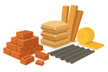 Naklejka na ściany i meble Building materials including bricks, wood, walls, and rolls displayed for construction purposes