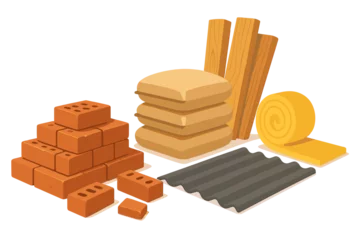  Building materials including bricks, wood, walls, and rolls displayed for construction purposes © Zaleman