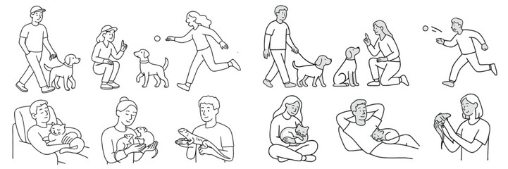 People enjoying various activities with dogs and cats in a lively park during a sunny day