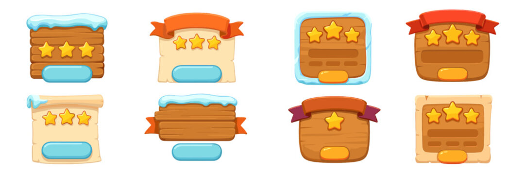 Colorful user interface elements for a gaming application showcasing various star ratings and buttons