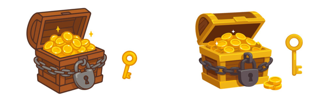 Treasure chests filled with gold coins and a key, symbolizing adventure and discoverable wealth