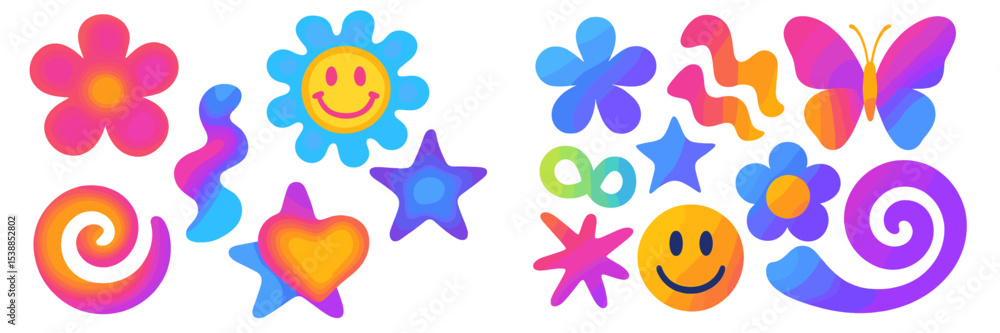 Poster Colorful abstract shapes and patterns in vibrant hues displayed on a white background for creative projects