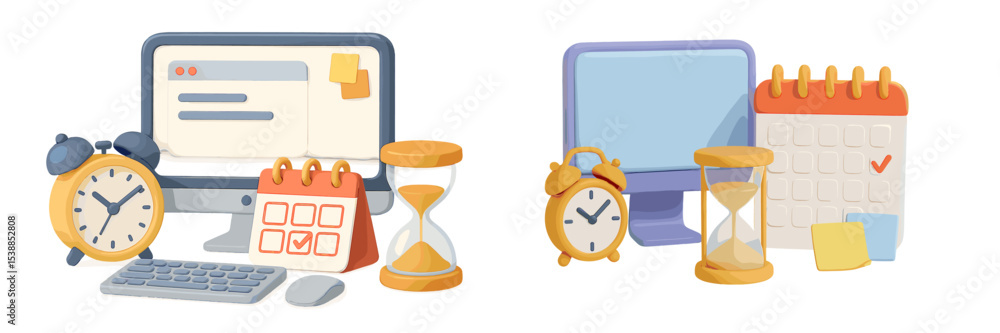 Poster Colorful desk setup featuring clocks, calendars, and a computer for time management and productivity tasks in a modern workspace