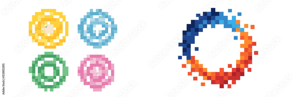 Poster Unique pixel art designs featuring colorful geometric patterns and gradients on a blank background