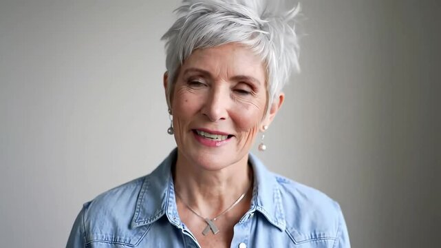 Stylish Elderly Australian Woman in Denim &ndash; Confident Portrait with Silver Pixie Cut