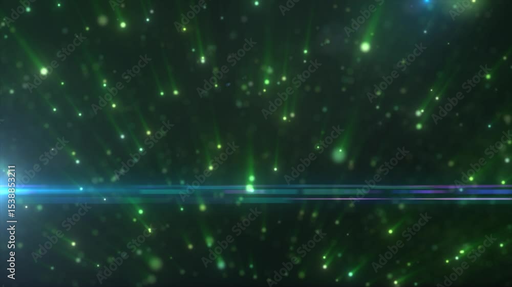 Poster vivid green light particles scattering through the dark, creating a lively and dynamic background ef