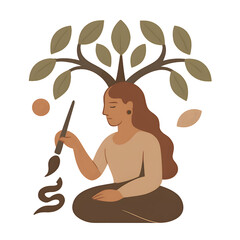 Serene Woman Meditating under Tree with Paintbrush on Transparent Background