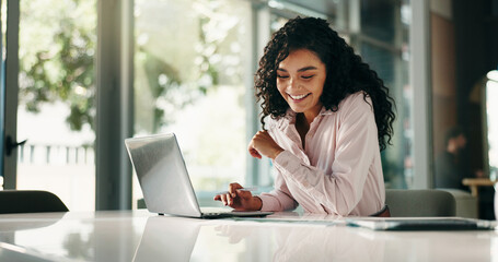 Finance, laptop and smile with business woman in office for review of account, information or...
