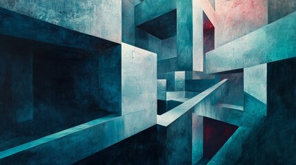Fototapeta premium Abstract geometric shapes in blue and gray create a complex architectural structure.