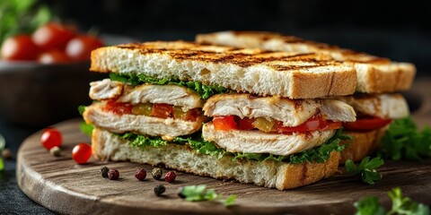 Grilled chicken sandwich served with fresh vegetables on a wooden plate for a delicious lunch