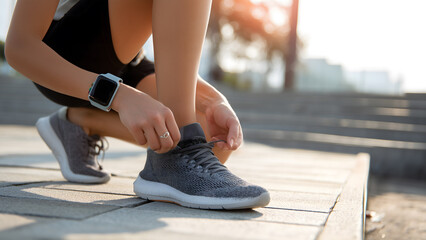 Closeup of Runner Woman Tying Running Shoes Representing Fitness, Sports, and Healthy Lifestyle