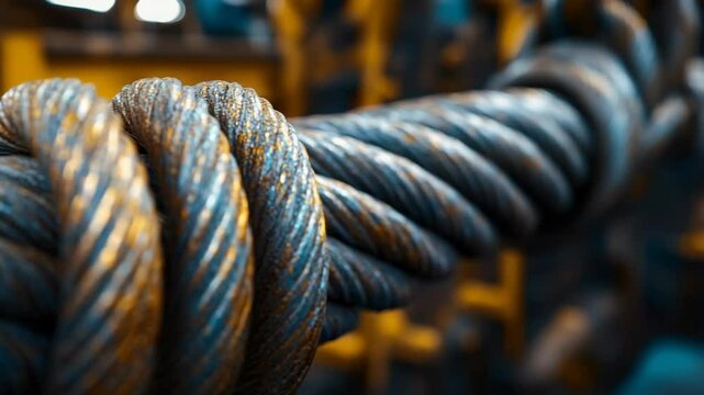 Close-up of Thick Metal Ropes Coiled in Industrial Setting for Strength and Durability