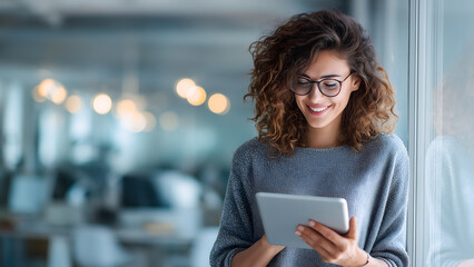 Young smiling business woman holding tablet standing in office at work