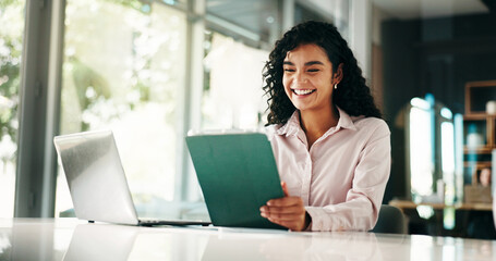 Finance, laughing and tablet with business woman in office for review of account, information or...