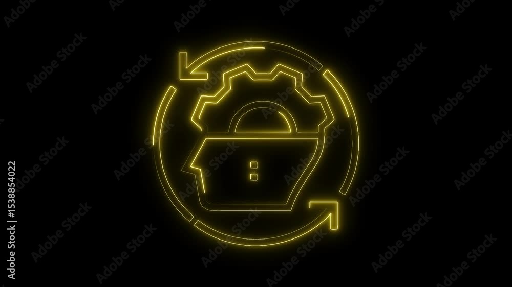 Aufkleber glowing neon brain with gear and arrows rotating on black background artificial intelligence process