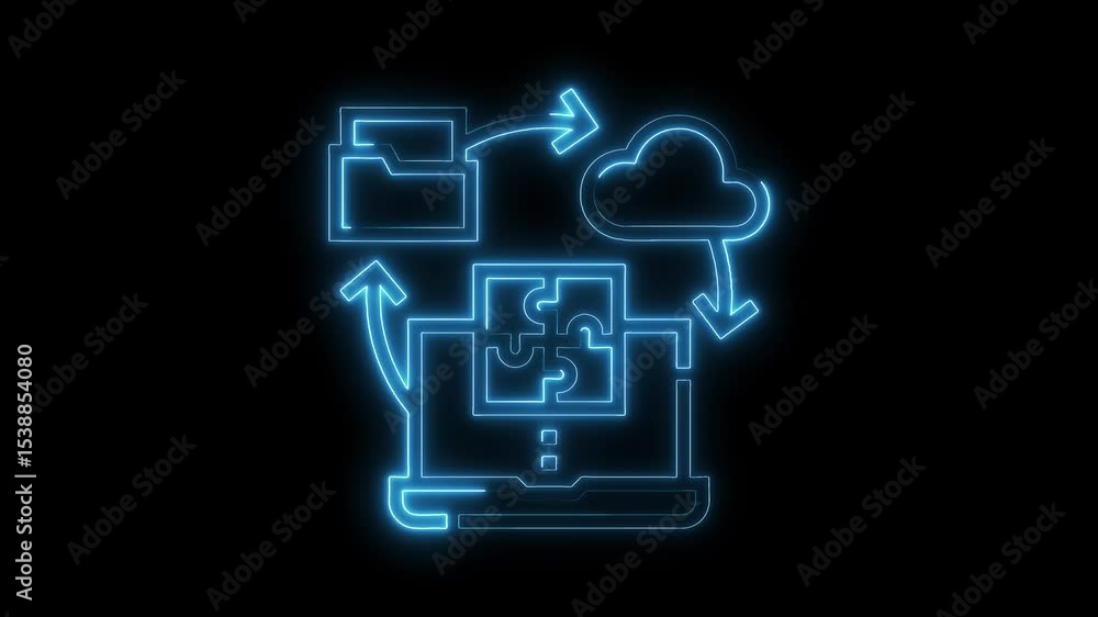Poster neon data transfer animation illustrating cloud computing and data solutions for modern technology c
