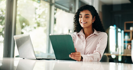 Finance, smile and tablet with business woman in office for review of account, information or...