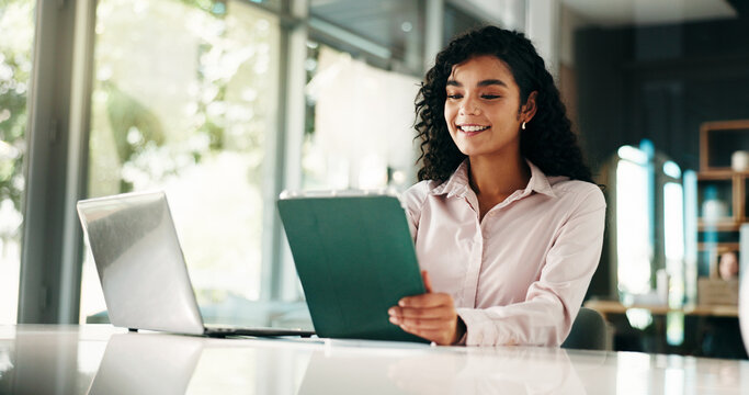 Finance, smile and tablet with business woman in office for review of account, information or report. App, development and investment with financial analyst at desk in workplace for wealth management