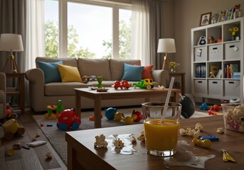 Untidy Living Room Everyday Home Life with Couch, Toys, and Mess, Reflecting Comfort and Reality in a Relaxed Interior