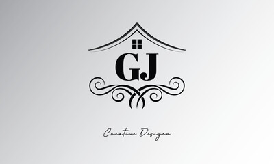 GJ Real Estate Creative Branding Logo – Elegant House Roof Monogram Letter mark with Flourish for Luxury Property, Architecture, Interior Design & Premium Identity