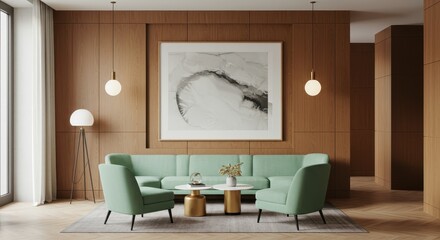 Fototapeta premium Modern Living Room: Mint Green Sofa, Abstract Art, Wood Paneling