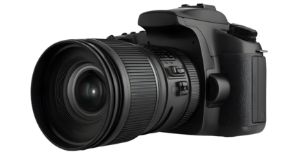 Realistic detailed close-up of a professional digital camera with zoom lens in focus