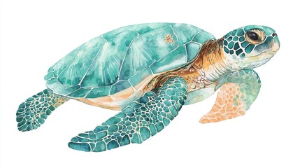 Watercolor illustration of green sea turtle with detailed shell and flippers on white background marine art